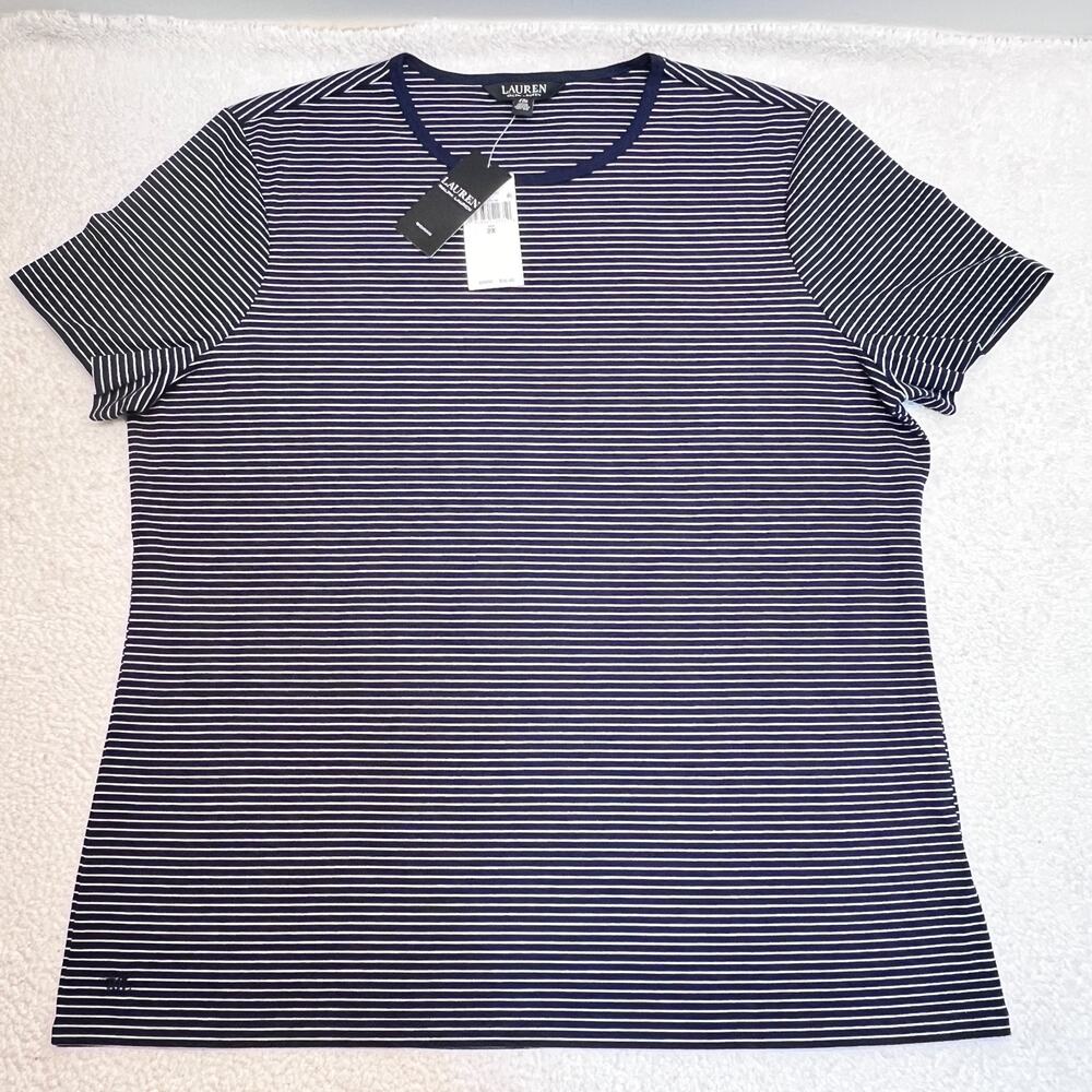 Lauren Ralph Lauren Blue White Striped Short Sleeve Crew Neck Shirt, Sz 2X/TTG